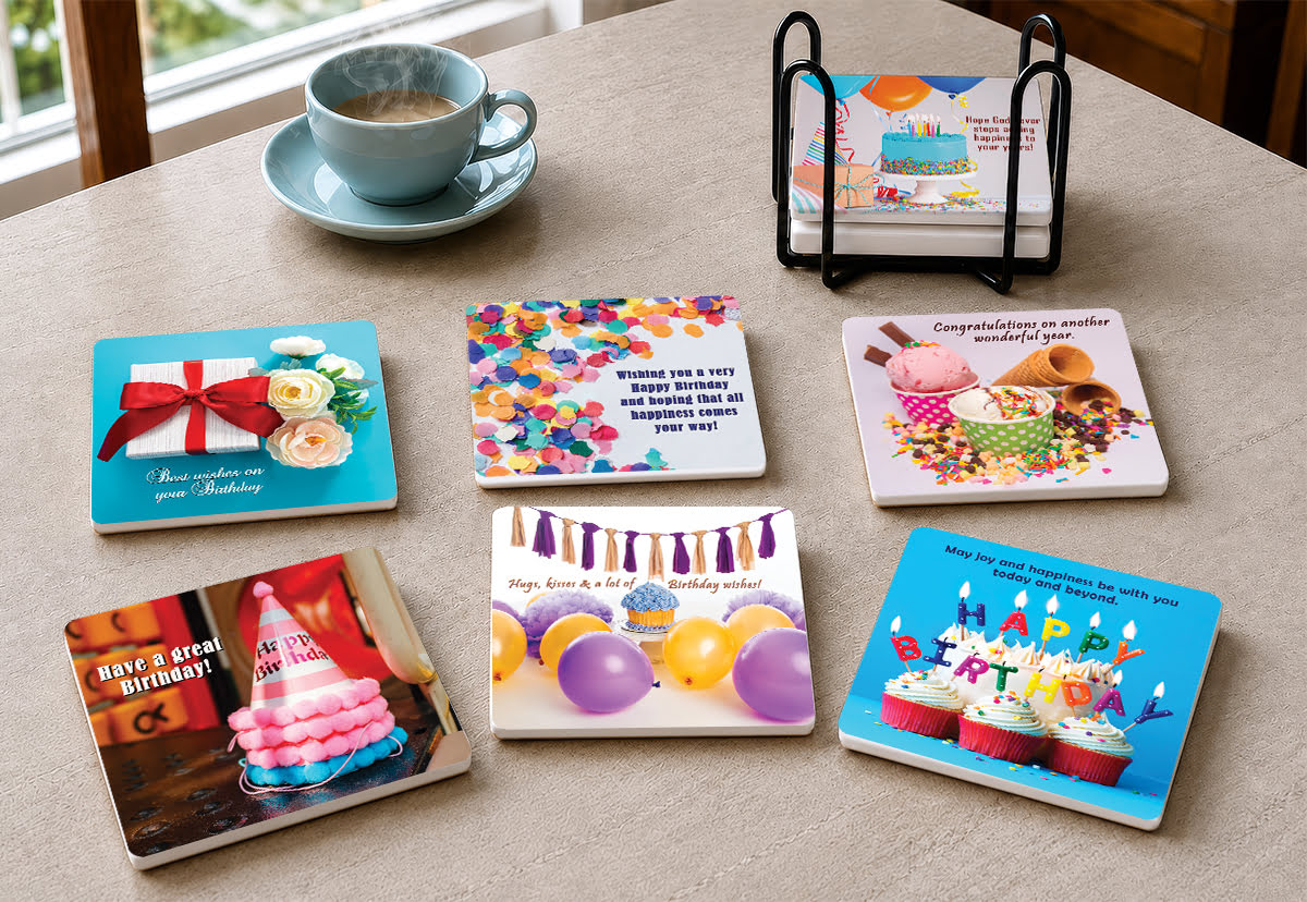Birthday - CERAMIC COASTER + METAL HOLDER - 6 COASTER SET